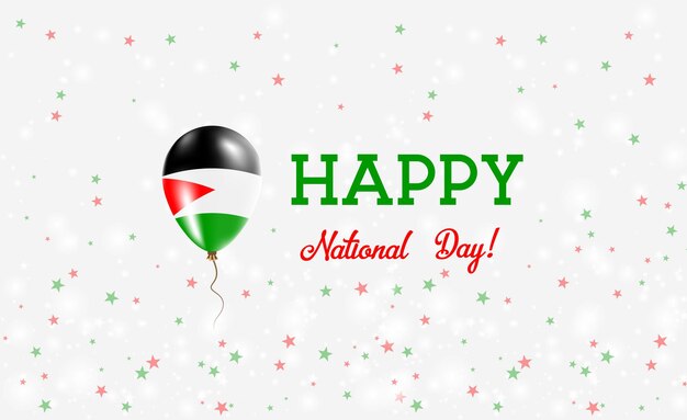 Manifesto patriottico della festa nazionale della palestina. palloncino di gomma volante nei colori della bandiera palestinese. sfondo festa nazionale della palestina con palloncino, coriandoli, stelle, bokeh e scintillii..