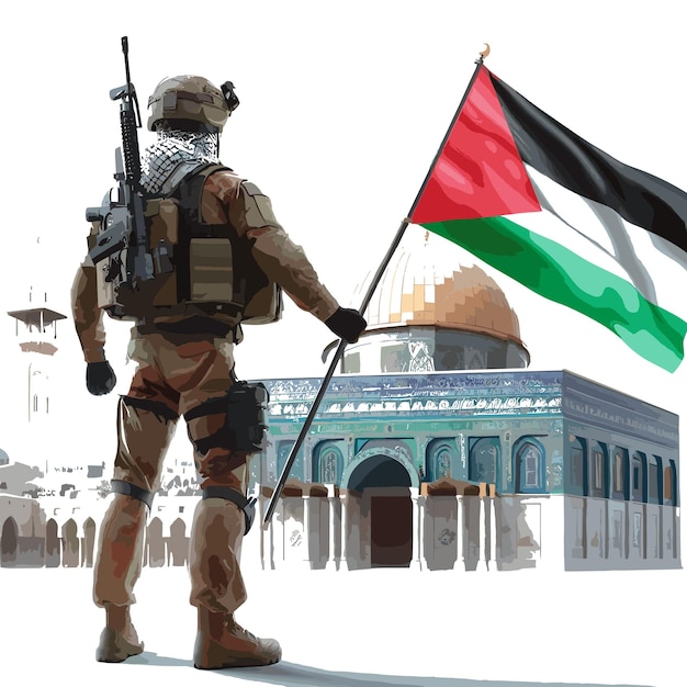 A Palestine soldier stands with weapons or freedom flag in front of AlAqsa on white background