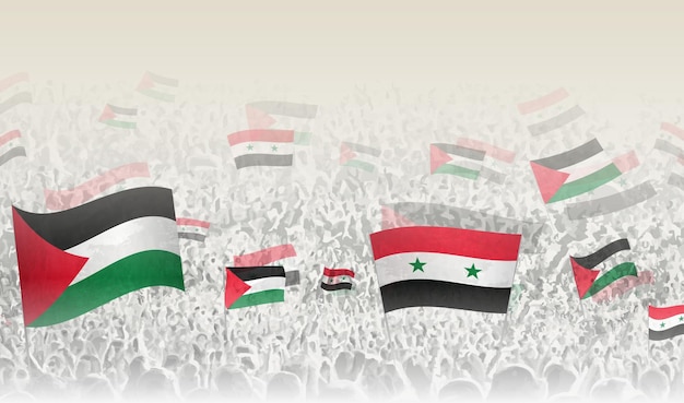 Palestine and Syria flags in a crowd of cheering people