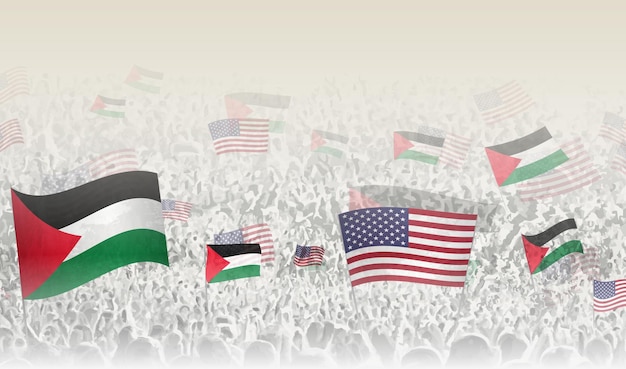 Palestine and usa flags in a crowd of cheering people