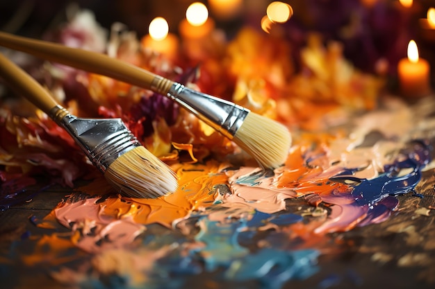 Palet en penselen voor het tekenen op een houten achtergrondborstel die verfkunstenaarspalet en kleur mengt
