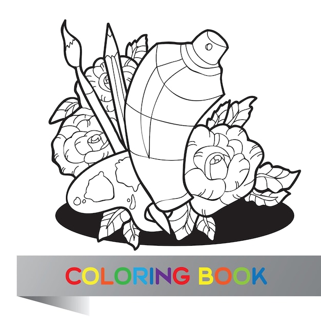 Palet met verf, penselen en spuitverf in rozen - kleurboek - vector