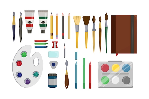 Палитра, кисти, набор инструментов для рисования. красочный альбом для рисования, ручки, точилка для карандашей, тюбики с краской, акварель, ластик, набор, коллекция восковых карандашей с плоским вектором. ремесло, художественная концепция