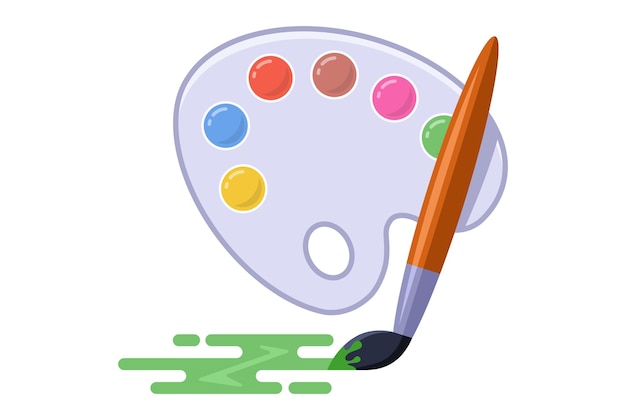 palette with paints and a brush. process to draw a picture on paper. flat vector illustration isolated on white background.