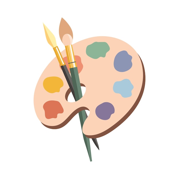 palette with paints of different colors with brushes for painting top view of artists tools