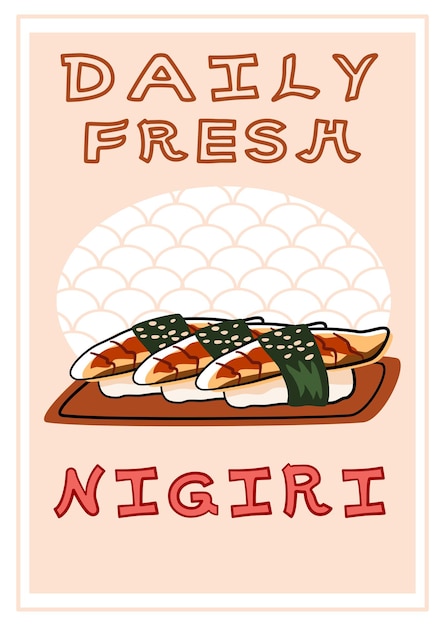 Paling nigiri sushi set verticale banner met warme gekleurde achtergrond. Japanse keukenposter.