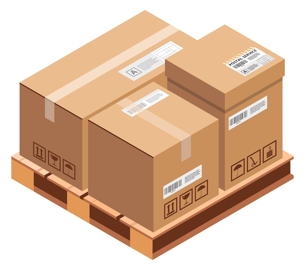 Vector pallet with delivery packages isometric cargo warehouse boxes