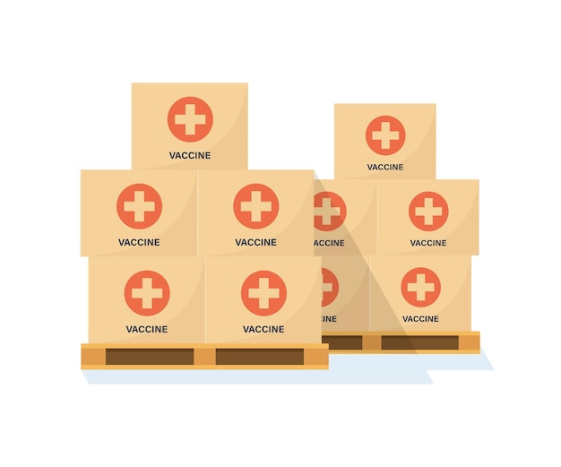 Pallets with boxes of coronavirus vaccine. warehouse with covid vaccines. transport of the vaccine. anti virus campaign. flat style