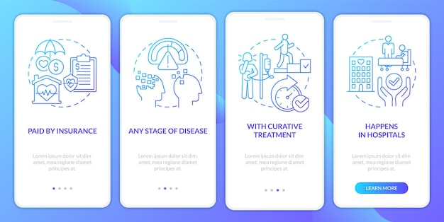 Palliatieve zorg met blauwe gradiënt onboarding mobiele app-scherm Doorloop 4 stappen grafische instructiepagina's met lineaire concepten UI UX GUI-sjabloon Myriad ProBold Regelmatige gebruikte lettertypen