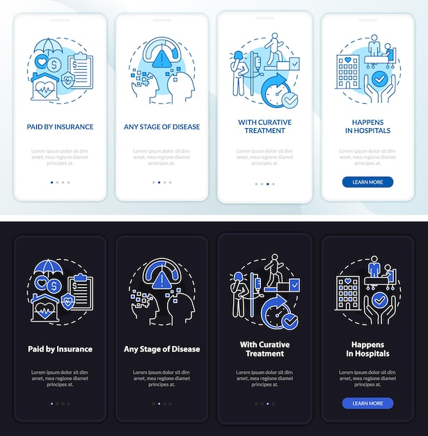 緩和ケアの昼と夜のモードのオンボーディングモバイルアプリ画面ウォークスルー4つのステップの線形概念を備えたグラフィックの説明ページuiuxguiテンプレート無数のprobold通常のフォントを使用