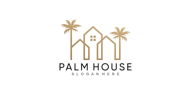 Логотип пальмы и дома с кокосовой пальмой и современной концепцией premium векторы