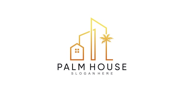 Palm en huispictogram logo met kokospalm en modern concept Premium Vector