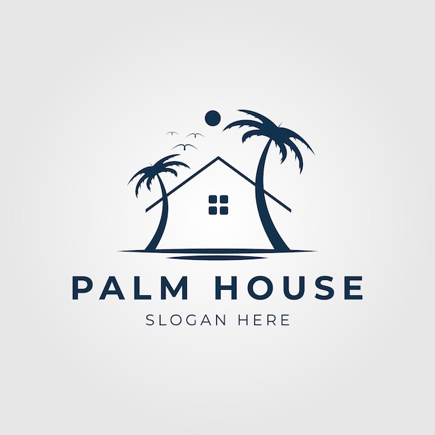 Palm house line art logo tropical beach home vector illustration design