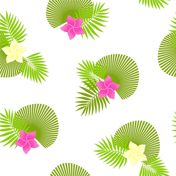 Vector palm leaf with plumeria flower tropical seamless pattern background vector botanical illustration