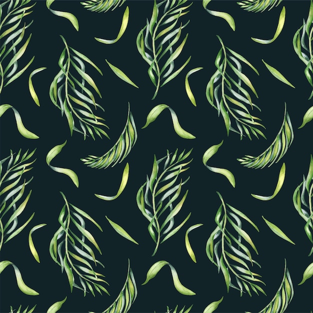 Palm leaves of acai tree watercolor seamless pattern isolated on dark tropical palm exotic leaf