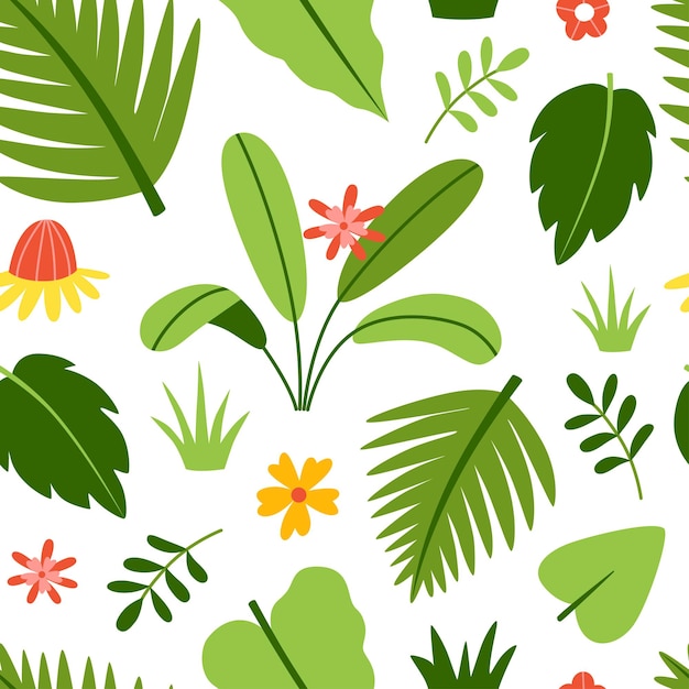 Palm leaves and bright tropical flowers in a seamless vector pattern