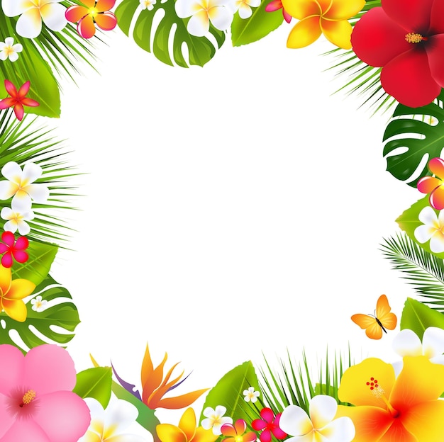 Palm leaves and flowers frame isolated with white background