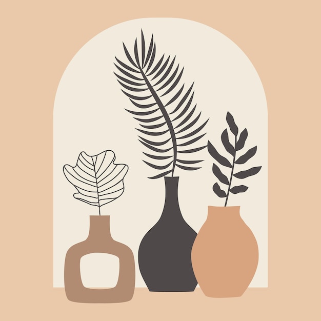 palm leaves and leaves of ornamental plants in a vase in an arch tropical background exotic