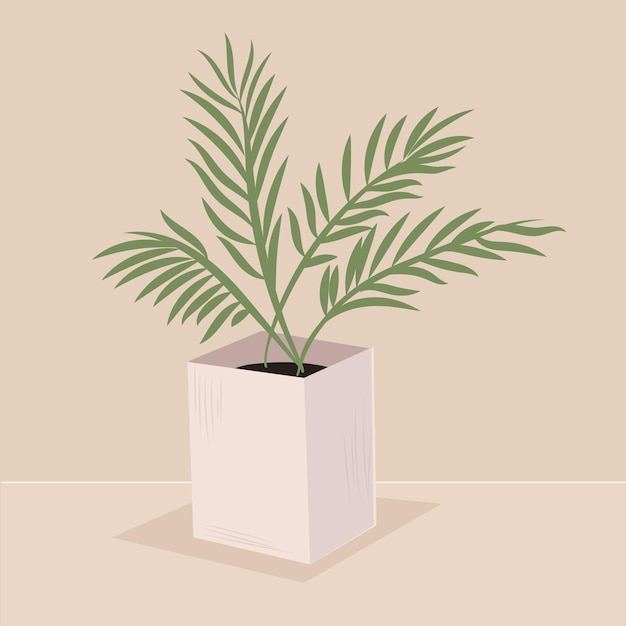 Palm leaves in a square stylish pot A plant for decorating the interior of a home or office Vector