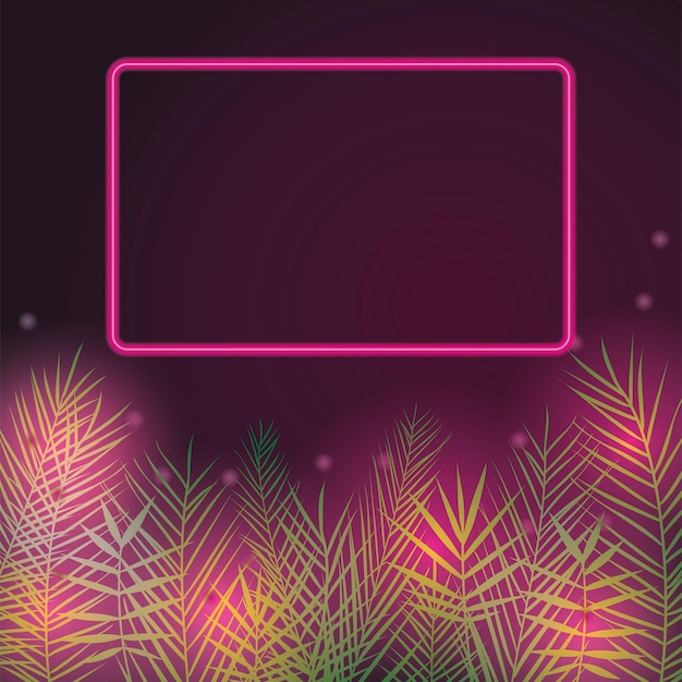 Palm leaves with neon pink frame summer background