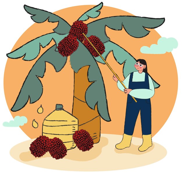 Palm oil plantation and producing concept female farmer picking up palms in farm flat vector illustrarion background