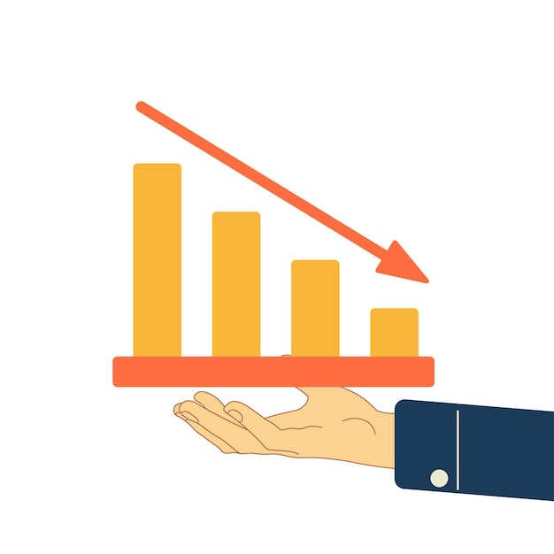 Vector on palm of a person's hand is a graph with a decrease in cost. arrow moves down. index falls, crash