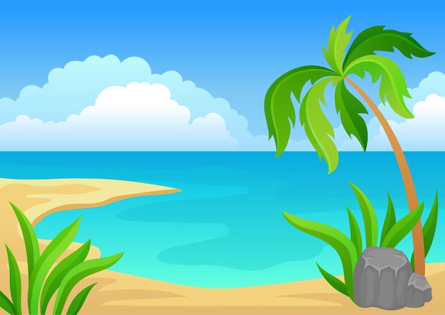 Palm stone and grass on the sandy seashore Vector illustration on white background