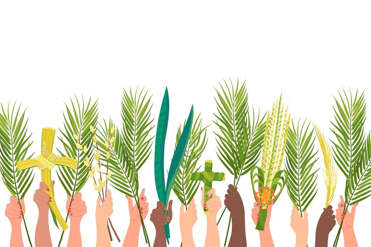 Vector 일요일 축제 개념: 세계의 다양한 민족의 관습: 다양한 국적의 사람들의 손은  가지 (sansevieria) 와 십자가 (vector cartoon) 로 들어 올립니다.