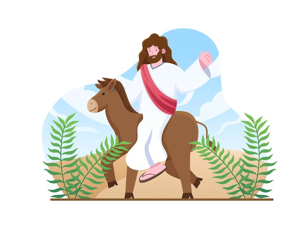 Vector palm sunday illustration jesus entering jerusalem with a donkey and palm leaves