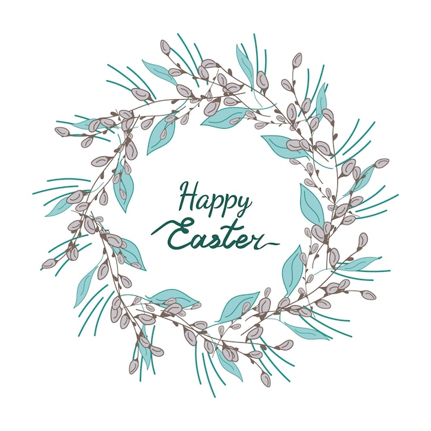 Palm sunday wreath Willow buds Easter Doodle vector illustration Pussy willow gray and green