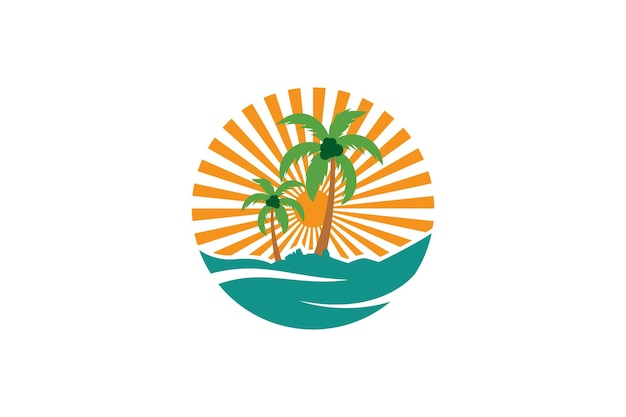 palm tree beach water with sunrise logo design template element vector