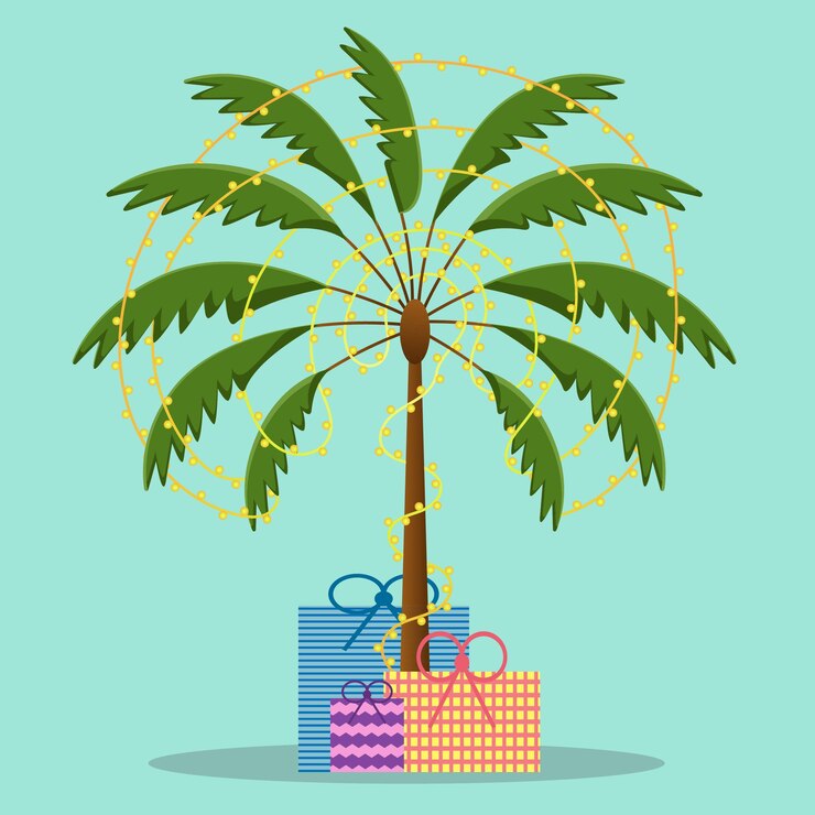 Vector palm tree decorated with christmas toys, garlands, with gifts near the trunk, isolated.