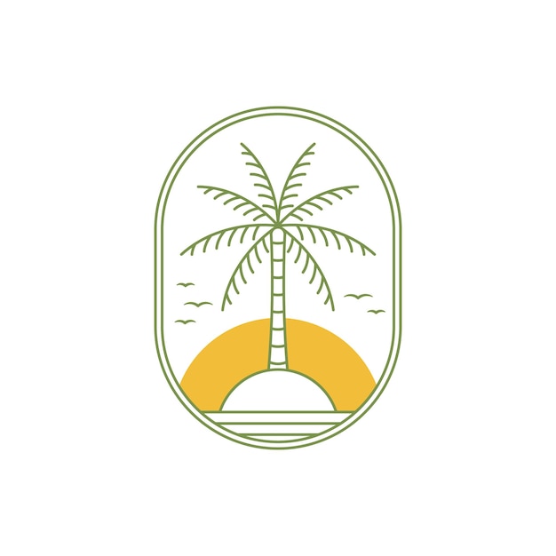 Palm tree line art logo illustrazione vettoriale design spiaggia logo in stile art linea con badge per l'ispirazione del modello di progettazione