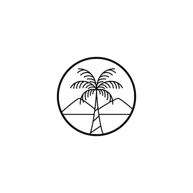 Vector palm tree line art vector logo ontwerp met bergen achtergrond ovaal frame