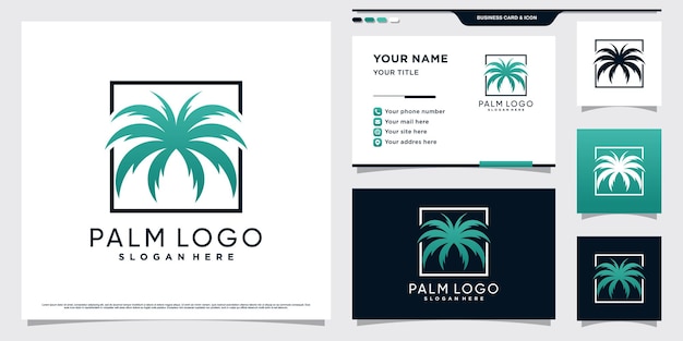 Иллюстрация дизайна логотипа пальмы с концепцией креативного элемента и шаблоном визитной карточки