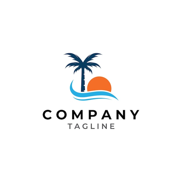 Пальма с логотипом пальмы с волнами и солнцем использование редактирования дизайна шаблона illustrator