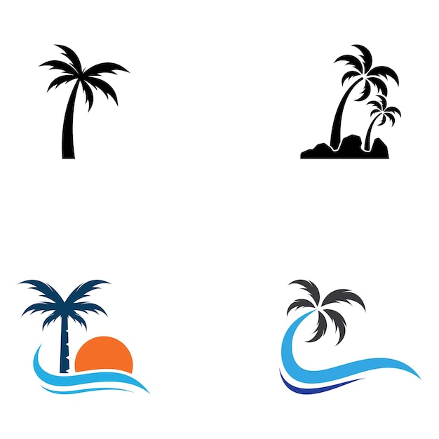 Illustrator 템플릿 디자인 편집을 사용하여 파도와 태양이 있는 야자수 로고 야자수