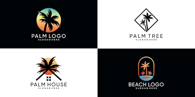 Palm tree or palm beach icon set logo design with creative element Premium Vector