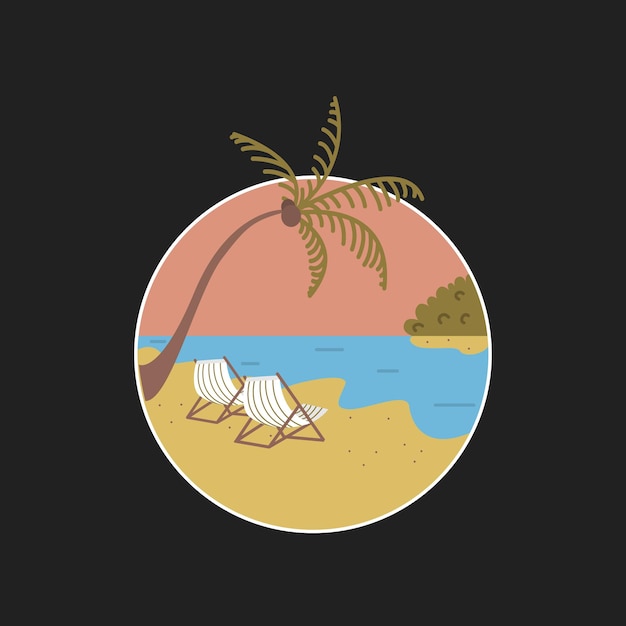 Palm tree sea and deck chairs in a circle a handdrawn vector for prints on tshirts posters and