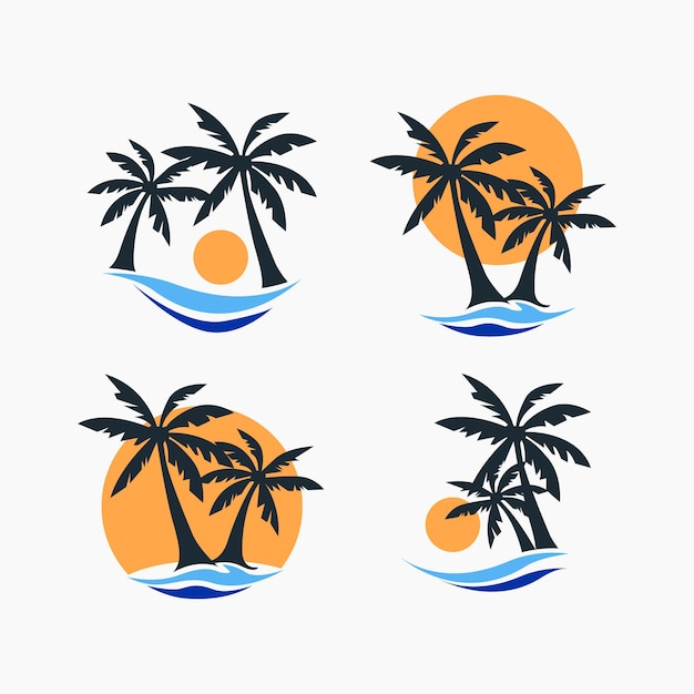 Palm tree summer logo set Tropical island with sun and sea