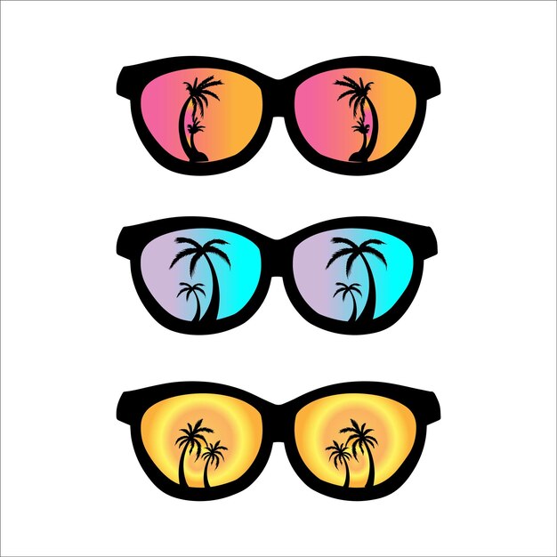 Vettore palma nelle illustrazioni di estate degli occhiali da sole isolate su cenni storici bianchi