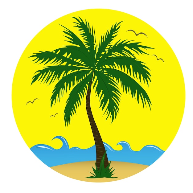 Palm tree with blue waves on the sunny round background Vector illustration EPS 10