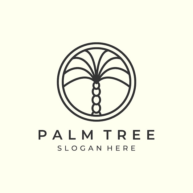 Palma con design minimalista lineare e stile emblema logo modello icona albero di cocco sole palma da datteri illustrazione vettoriale