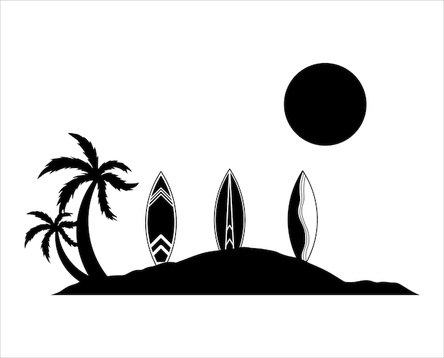 Palm Tree with Surfboard in Silhouette White Background