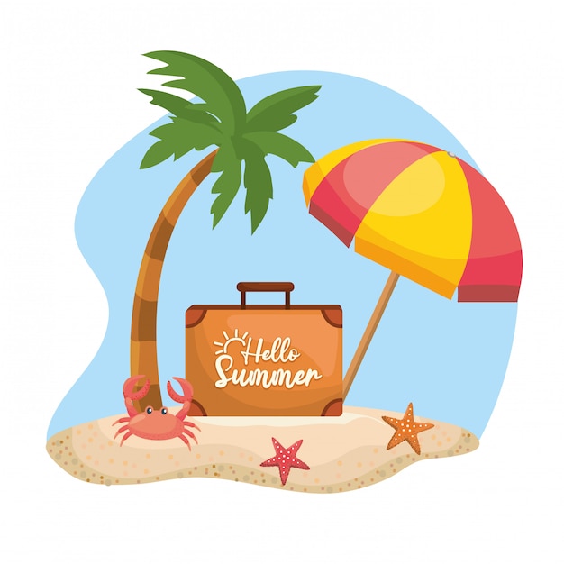 Palm tree with umbrella and briefcase with crab and starfishes