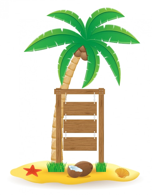 Palm tree and wooden pointer board sign vector illustration