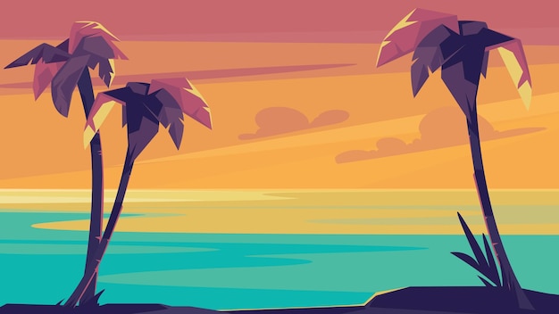 Вектор Пальмы и океан на закате
