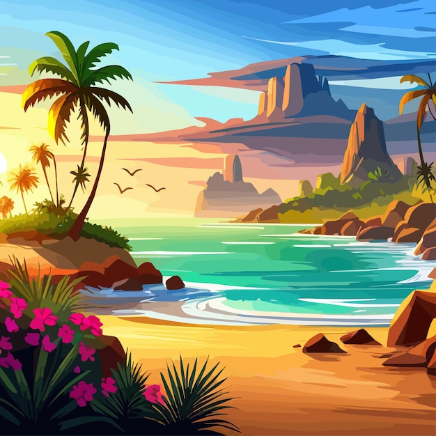 Вектор Пальмы и солнце в море с горами на заднем плане океан и пляж вектор островный пейзаж пуст