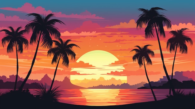 Vector palm trees on the beach at sunset