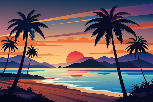 palm trees on the beach with sunset and palm trees